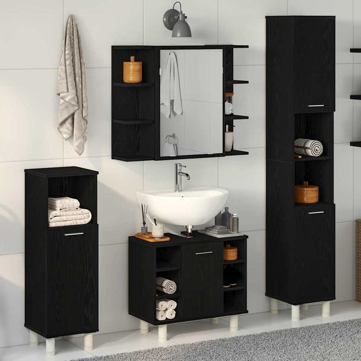 Badeværelsesmøbel sæt med hylde 4 pcs Sort 30 x 30 x 179.5 cm