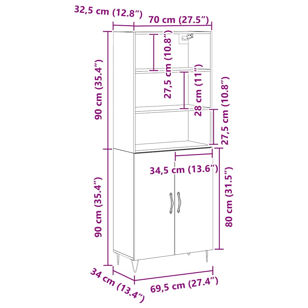 Highboard 2 pcs Sort eg 70 x 34 x 180 cm Konstrueret træ