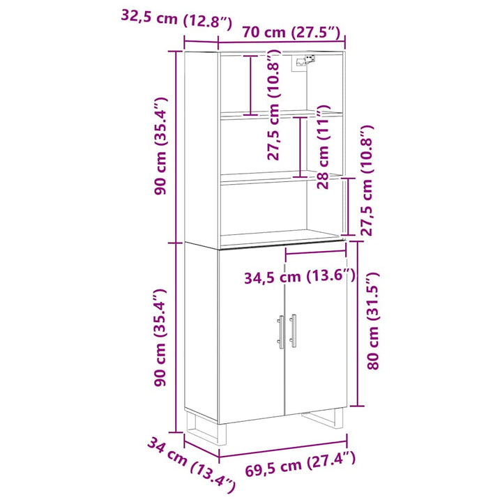 Highboard Vægmonteret Sort eg 70 x 34 x 180 cm Konstrueret træ
