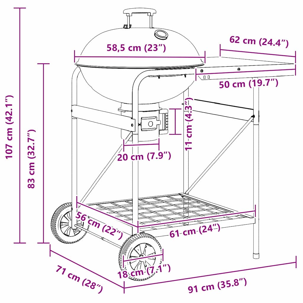 Udendørs grill med hjul Sort 96 x 72 x 113 cm Metal
