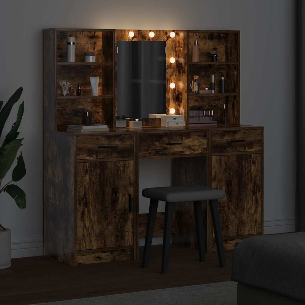 Makeupbord Sæt 3 pcs Røget eg 50 x 41 x 135 cm Konstrueret træ