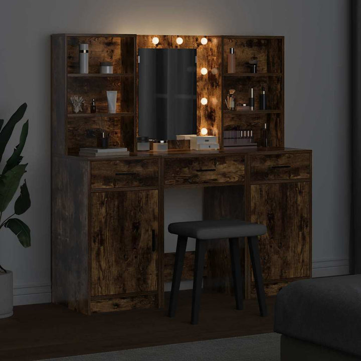Makeupbord Sæt 3 pcs Røget eg 50 x 41 x 135 cm Konstrueret træ