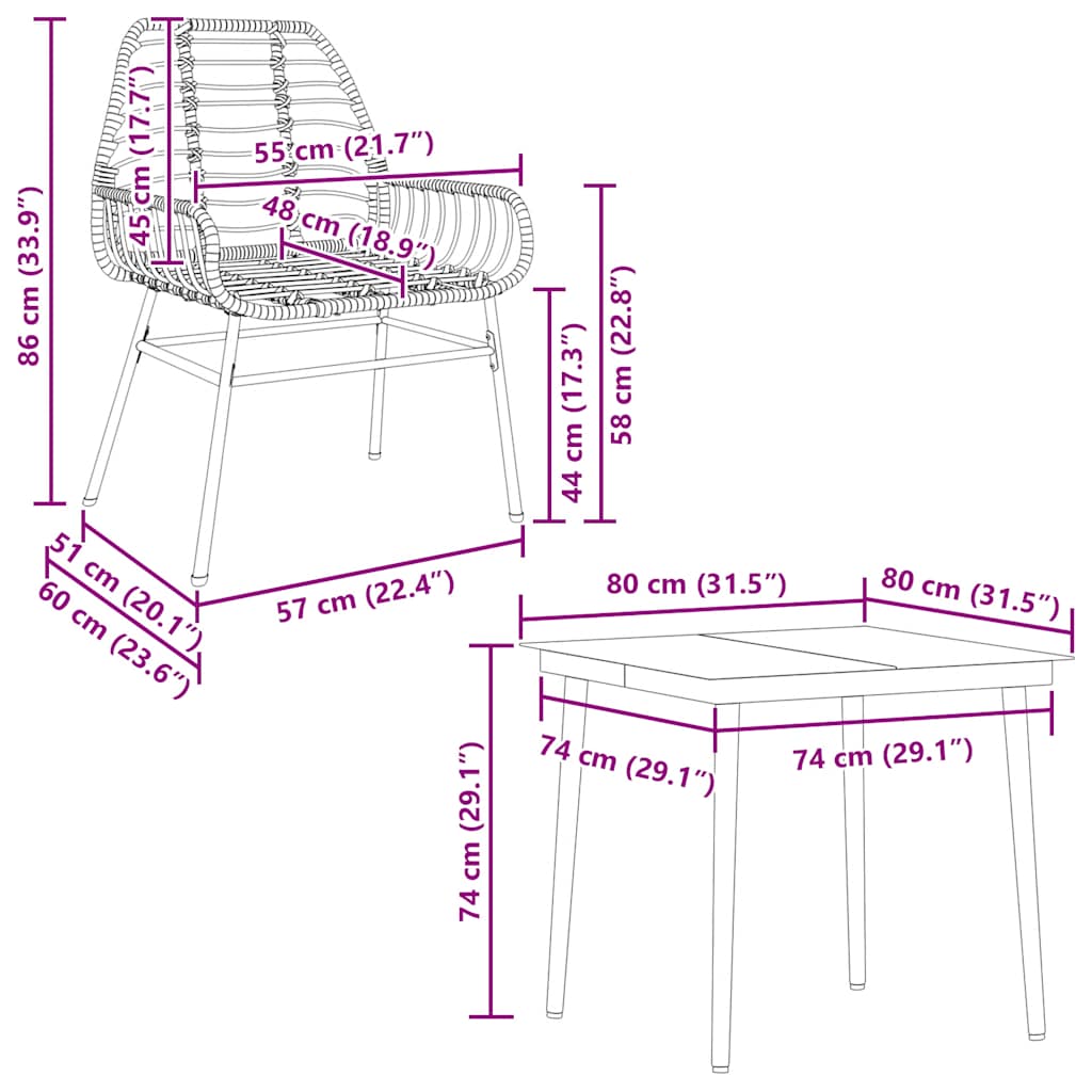 3 dele spisebordssæt til haven polyrattan glas sort