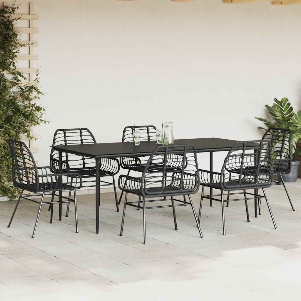 7 dele spisebordssæt til haven polyrattan glas sort