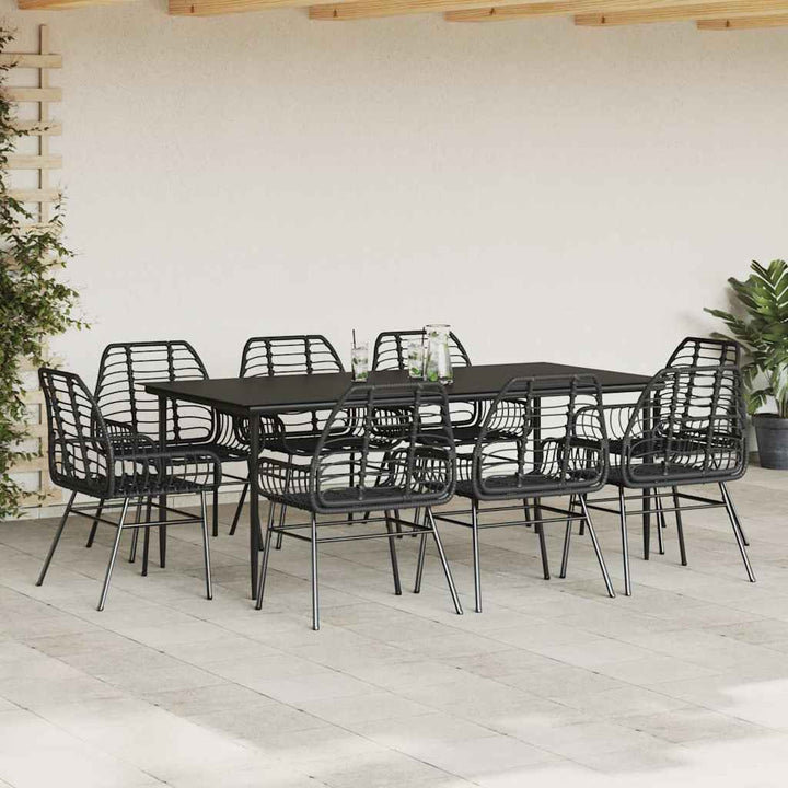 9 dele spisebordssæt til haven polyrattan glas sort