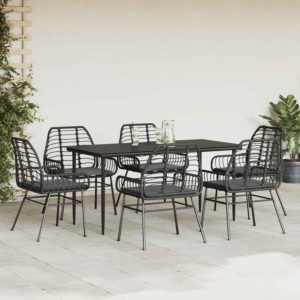 7 dele spisebordssæt til haven m. hynder polyrattan glas sort