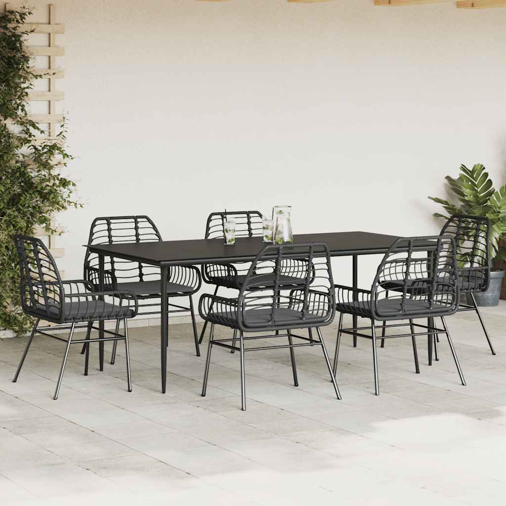 7 dele spisebordssæt til haven m. hynder polyrattan glas sort