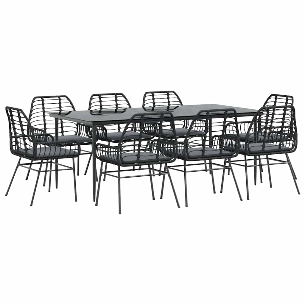 9 dele spisebordssæt til haven m. hynder polyrattan glas sort