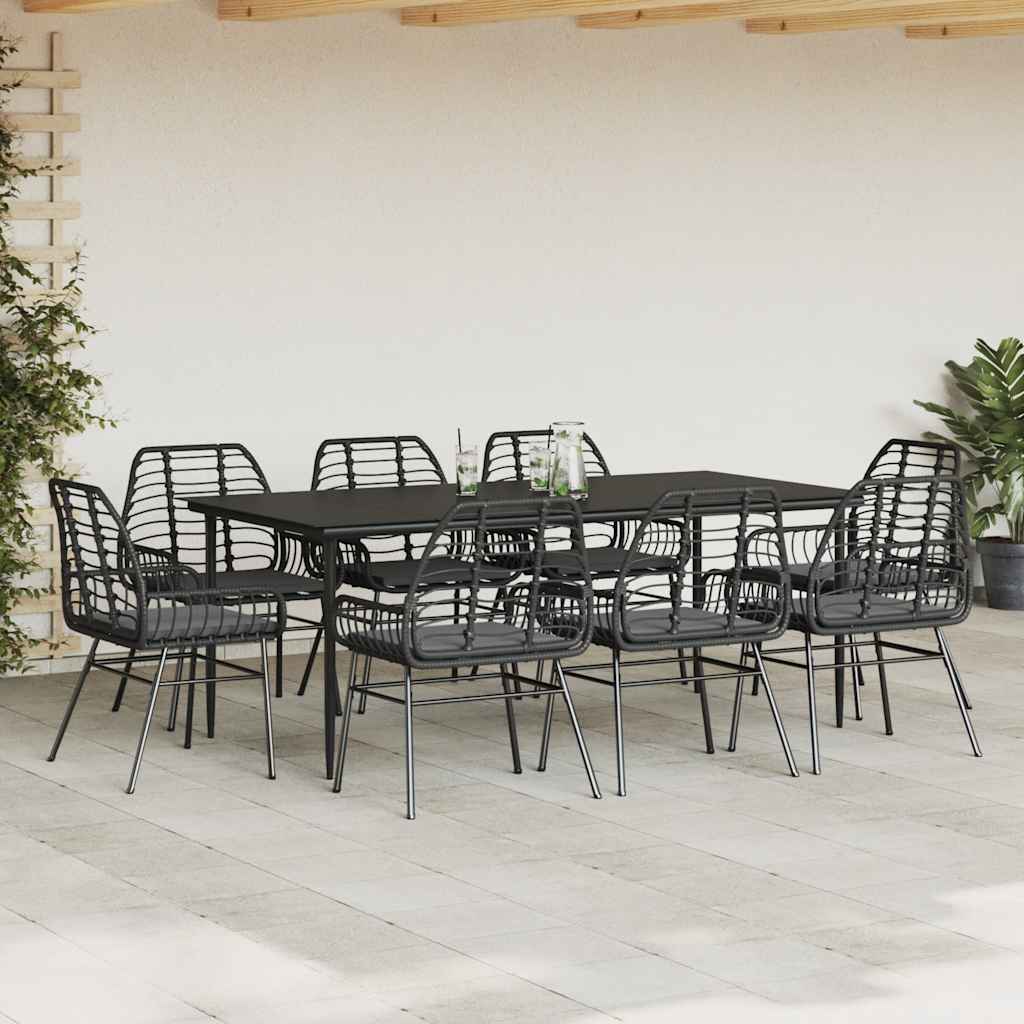9 dele spisebordssæt til haven m. hynder polyrattan glas sort