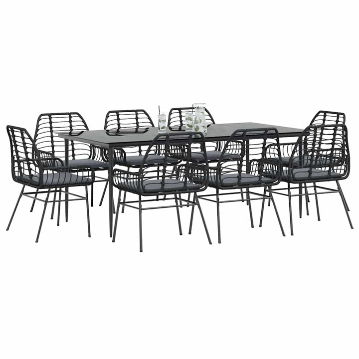 9 dele spisebordssæt til haven m. hynder polyrattan glas sort