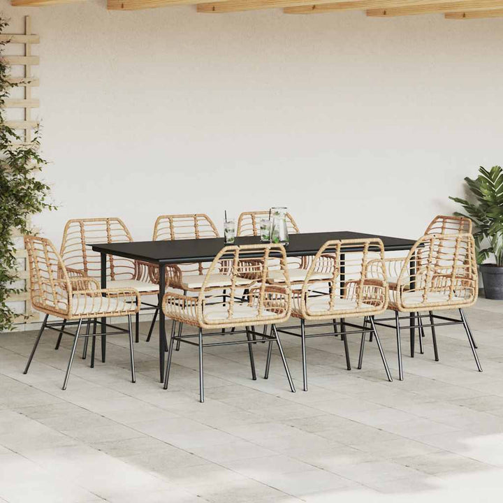 9 dele spisebordssæt til haven m. hynder polyrattan glas brun