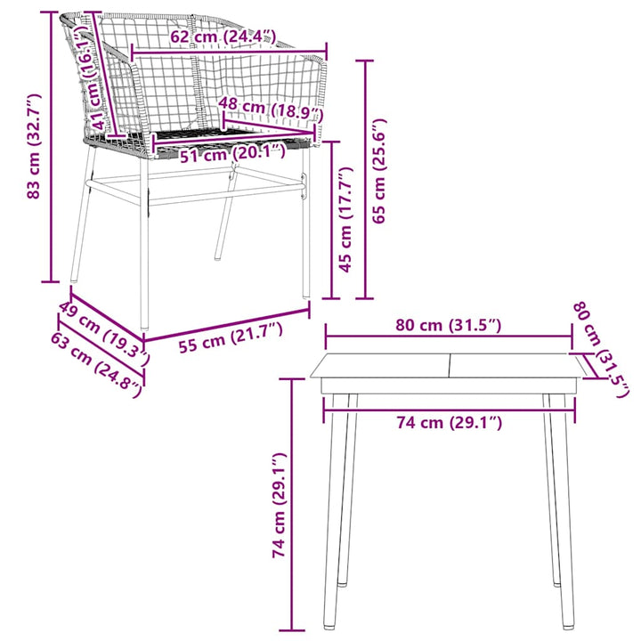 3 dele spisebordssæt til haven polyrattan glas sort