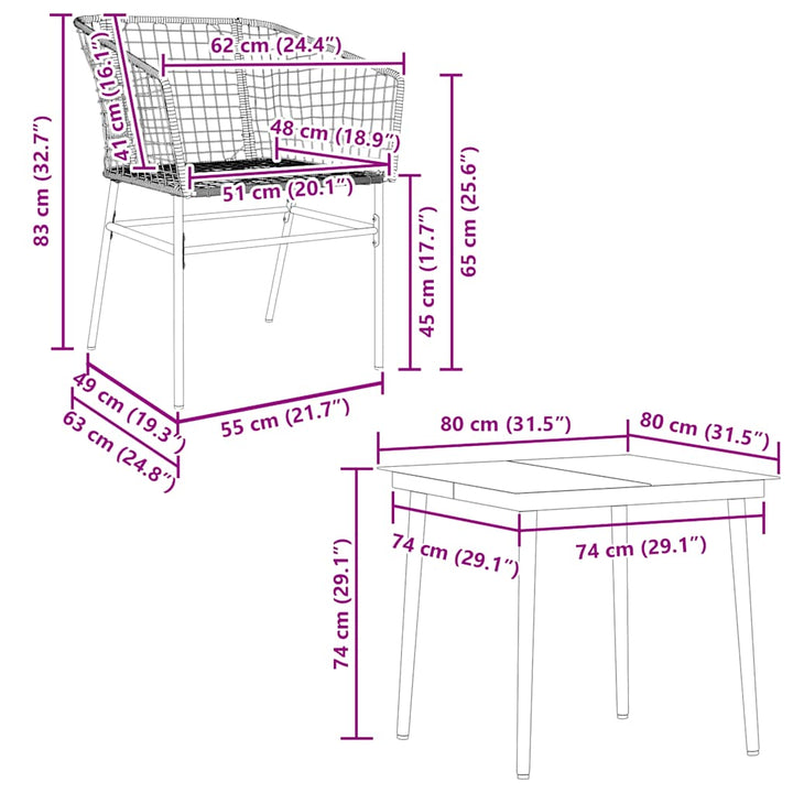 5 dele spisebordssæt til haven polyrattan glas sort