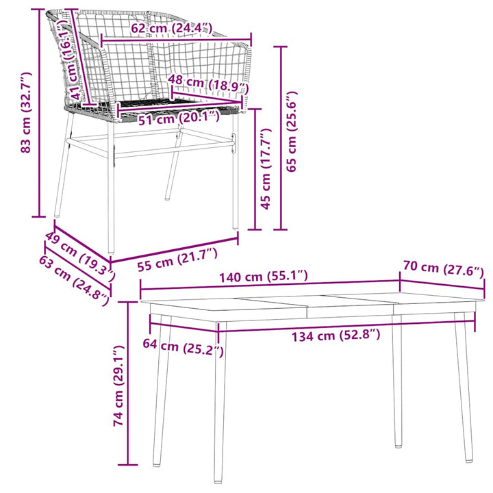 5 dele spisebordssæt til haven polyrattan glas sort