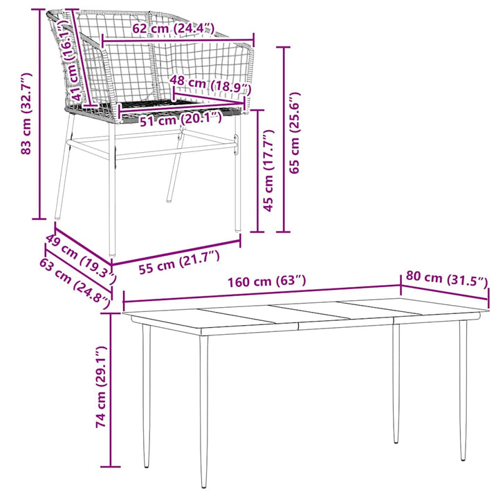 5 dele spisebordssæt til haven polyrattan glas sort