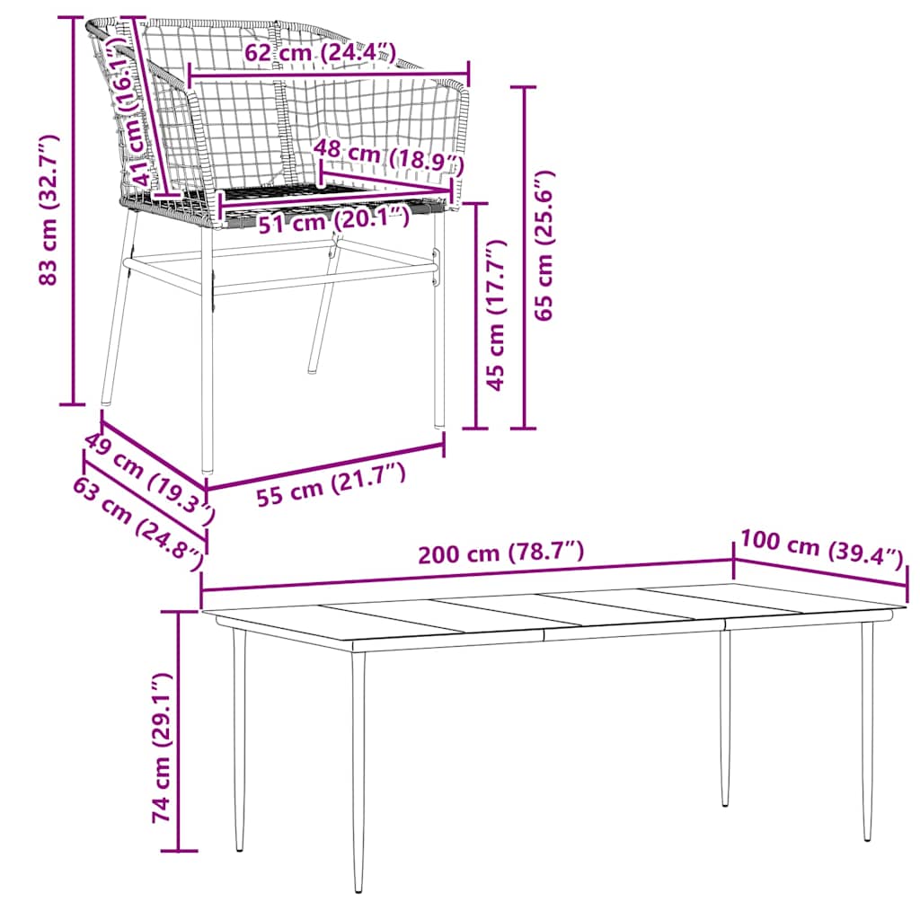 7 dele spisebordssæt til haven polyrattan glas sort