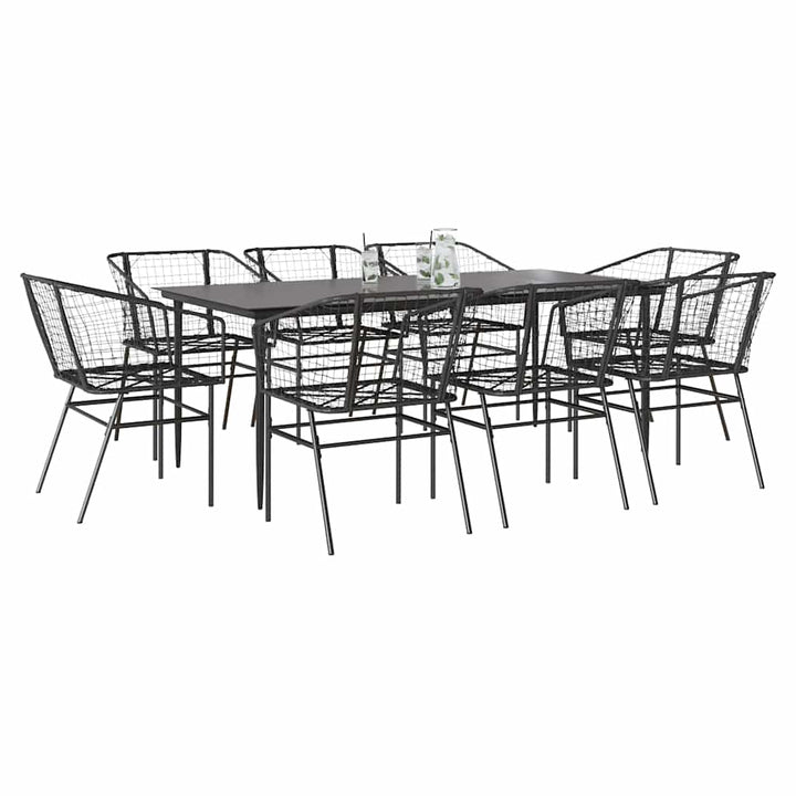 9 dele spisebordssæt til haven polyrattan glas sort