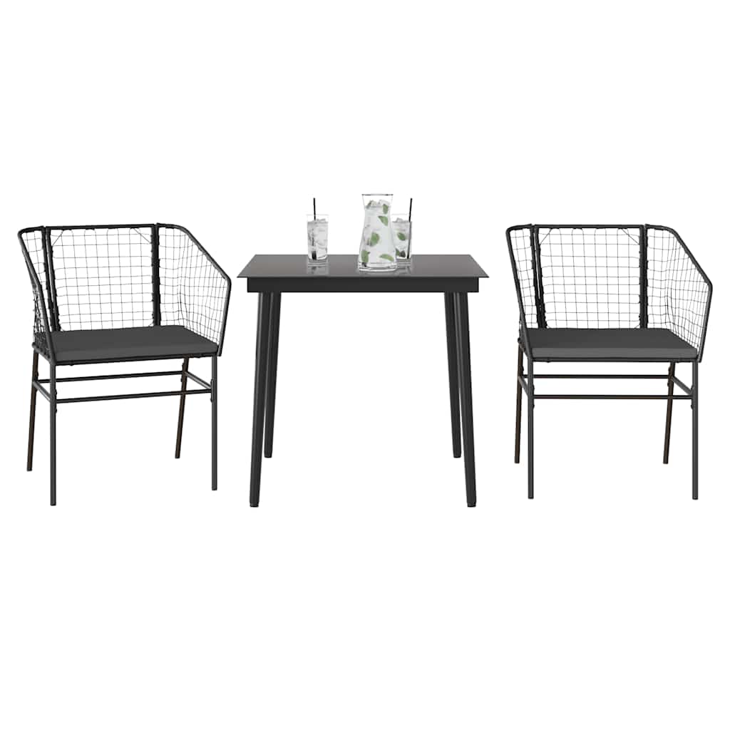 3 dele spisebordssæt til haven m. hynder polyrattan glas sort
