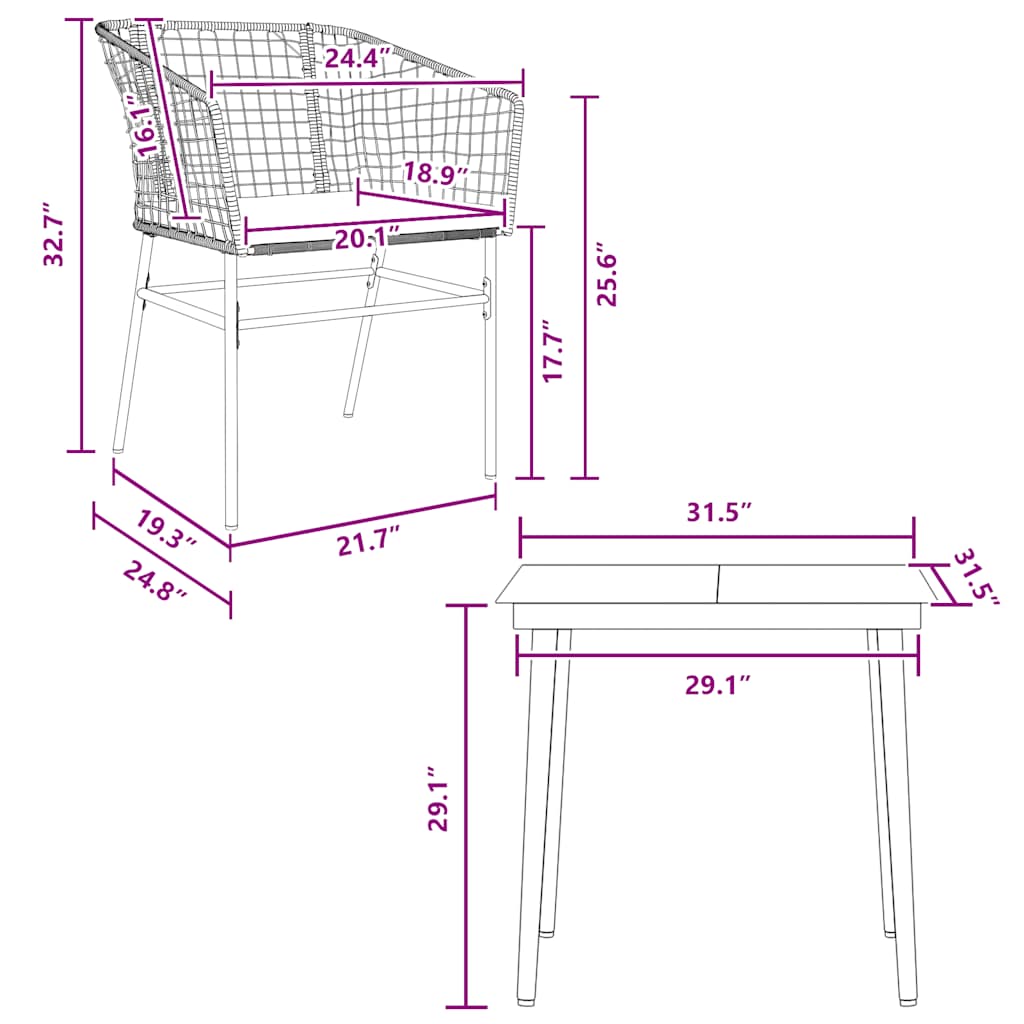 3 dele spisebordssæt til haven m. hynder polyrattan glas sort