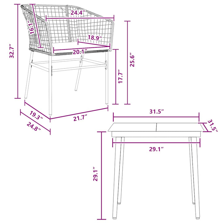 3 dele spisebordssæt til haven m. hynder polyrattan glas sort