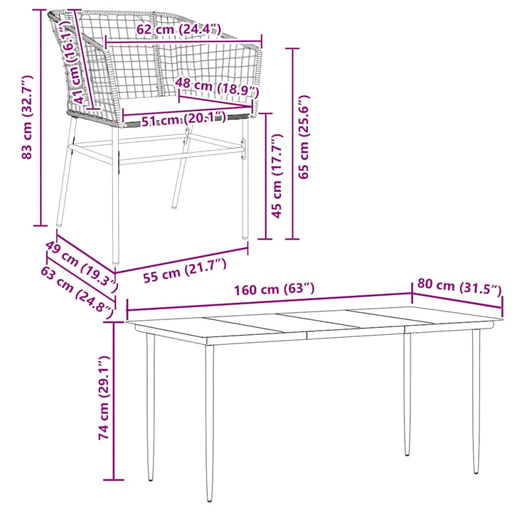 5 dele spisebordssæt til haven m. hynder polyrattan glas sort