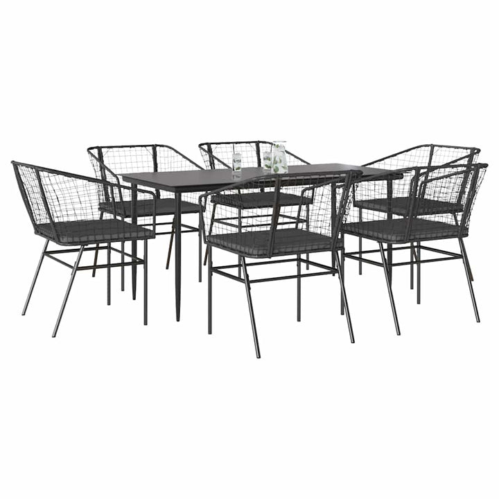 7 dele spisebordssæt til haven m. hynder polyrattan glas sort