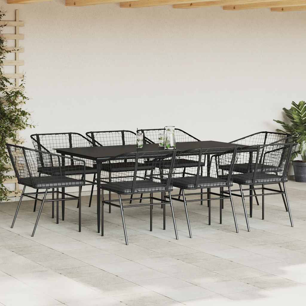 9 dele spisebordssæt til haven m. hynder polyrattan glas sort