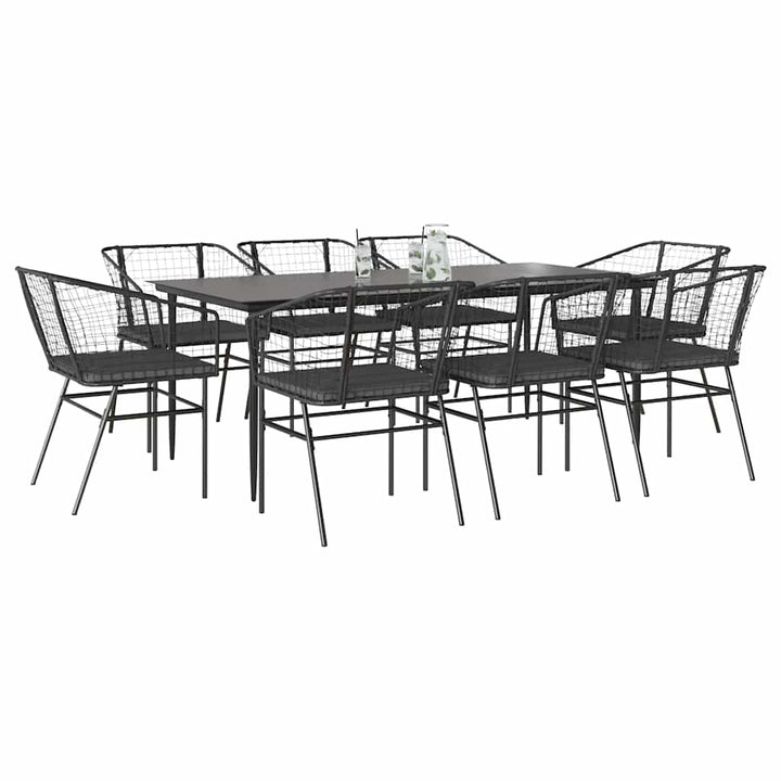 9 dele spisebordssæt til haven m. hynder polyrattan glas sort
