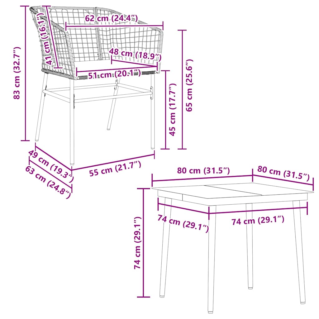 5 dele spisebordssæt til haven m. hynder polyrattan glas brun