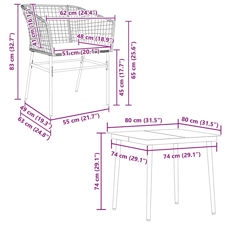 5 dele spisebordssæt til haven m. hynder polyrattan glas brun