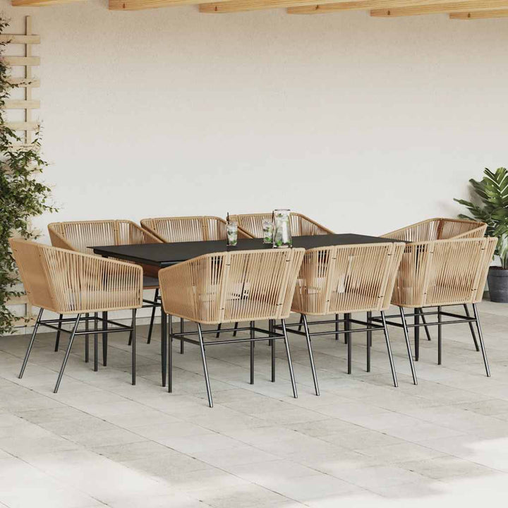 9 dele spisebordssæt til haven m. hynder polyrattan glas brun