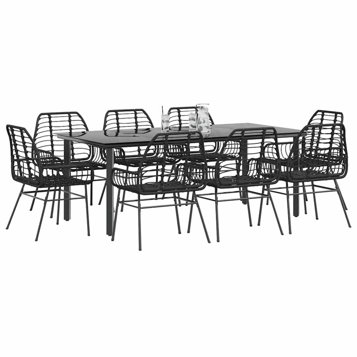 9 dele spisebordssæt til haven polyrattan glas sort