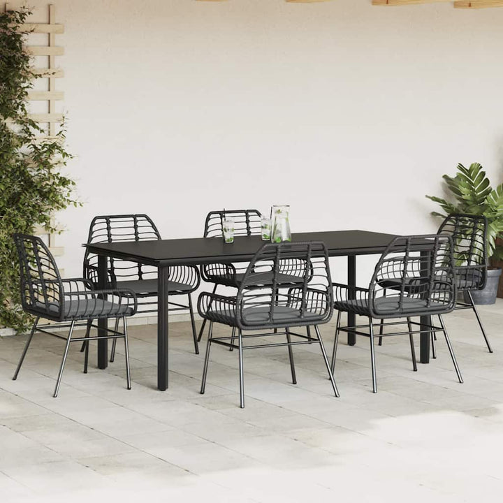7 dele spisebordssæt til haven m. hynder polyrattan glas sort