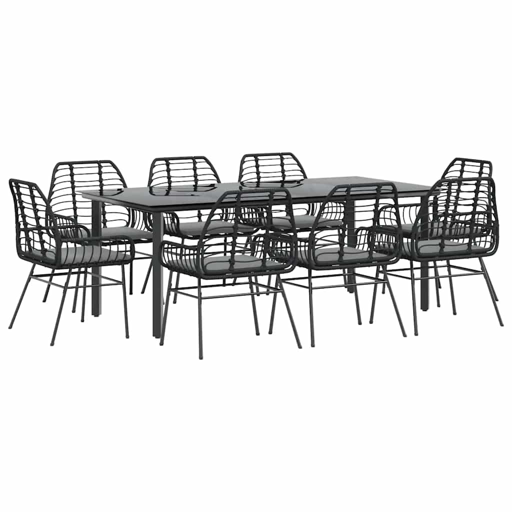 9 dele spisebordssæt til haven m. hynder polyrattan glas sort
