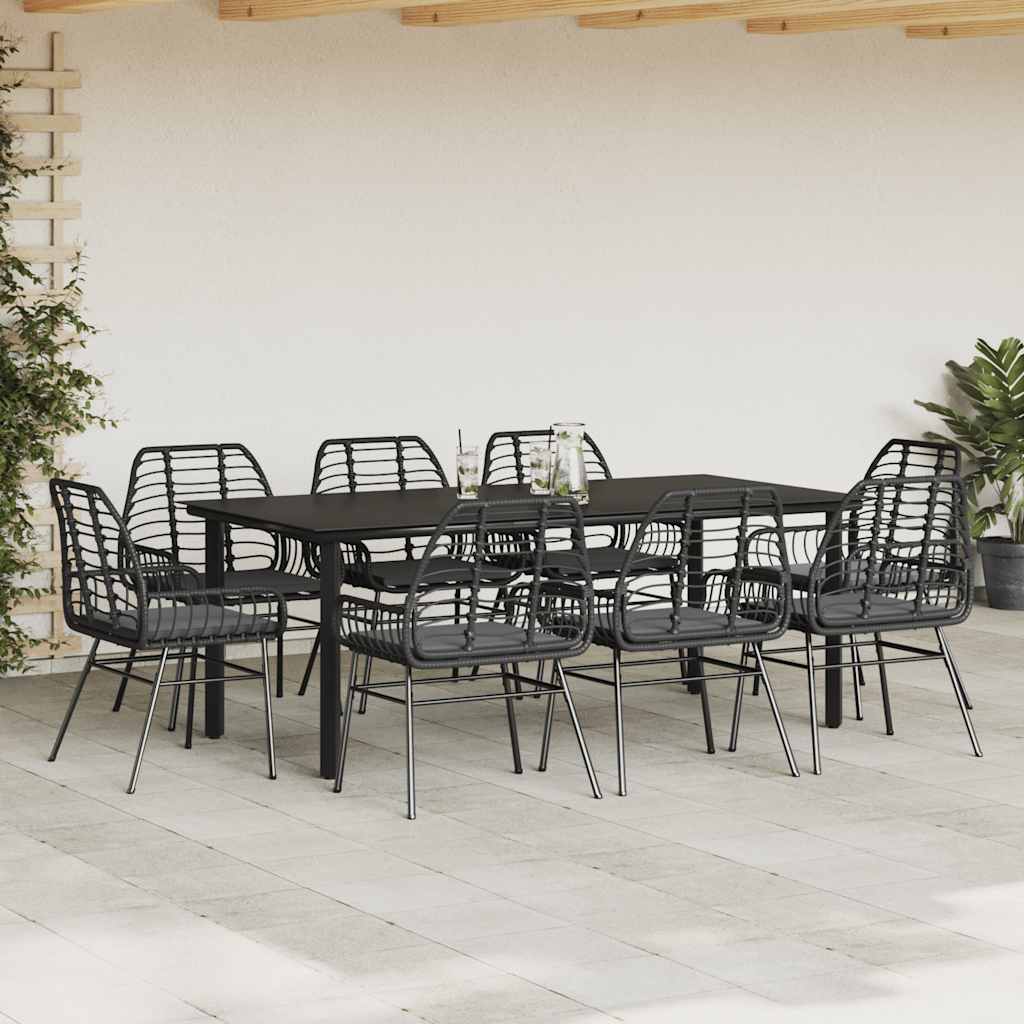 9 dele spisebordssæt til haven m. hynder polyrattan glas sort