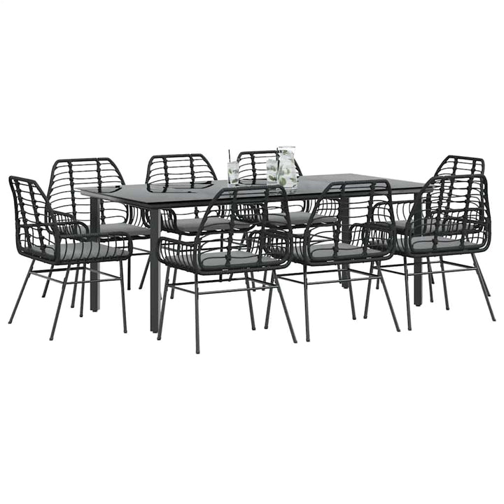 9 dele spisebordssæt til haven m. hynder polyrattan glas sort