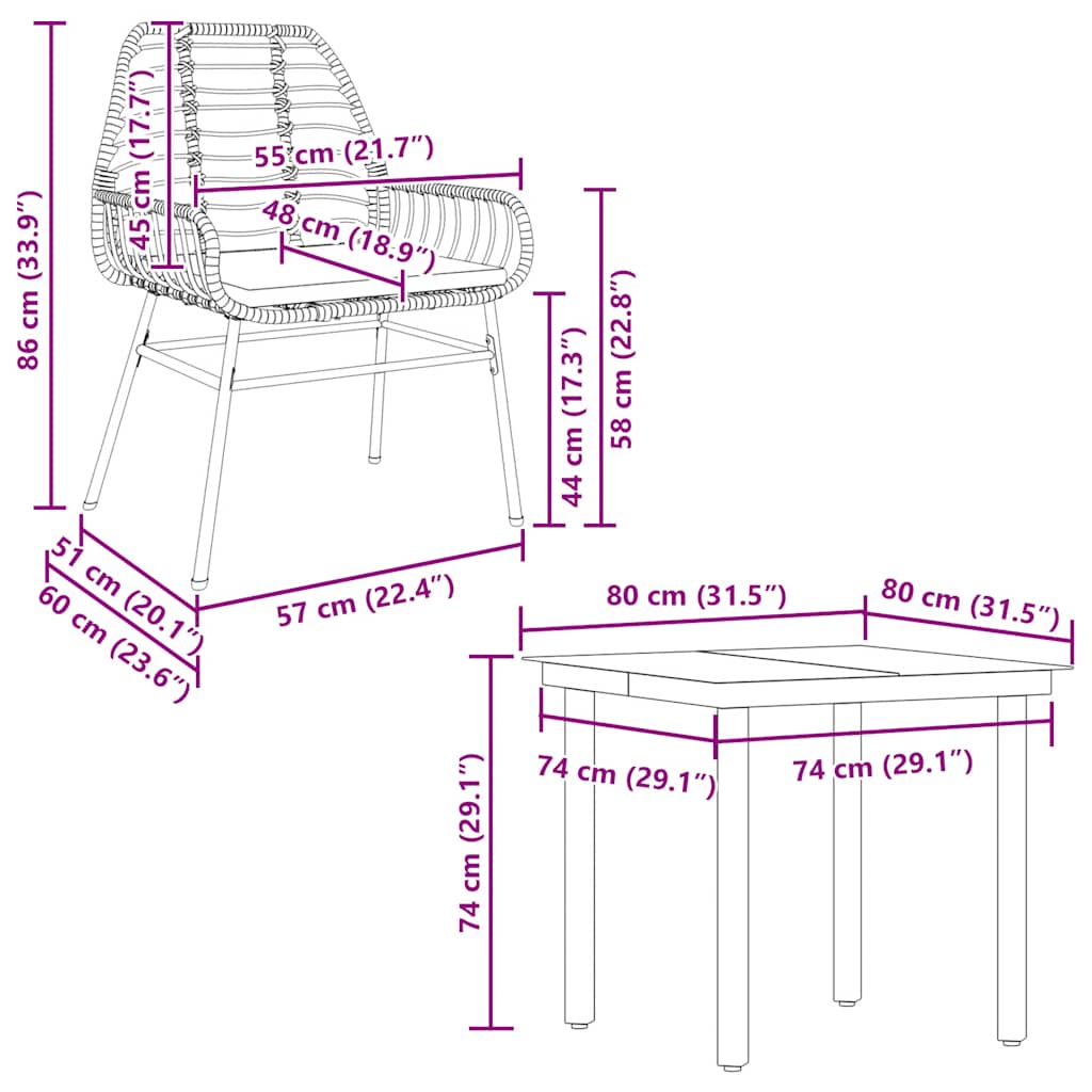 5 dele spisebordssæt til haven m. hynder polyrattan glas brun