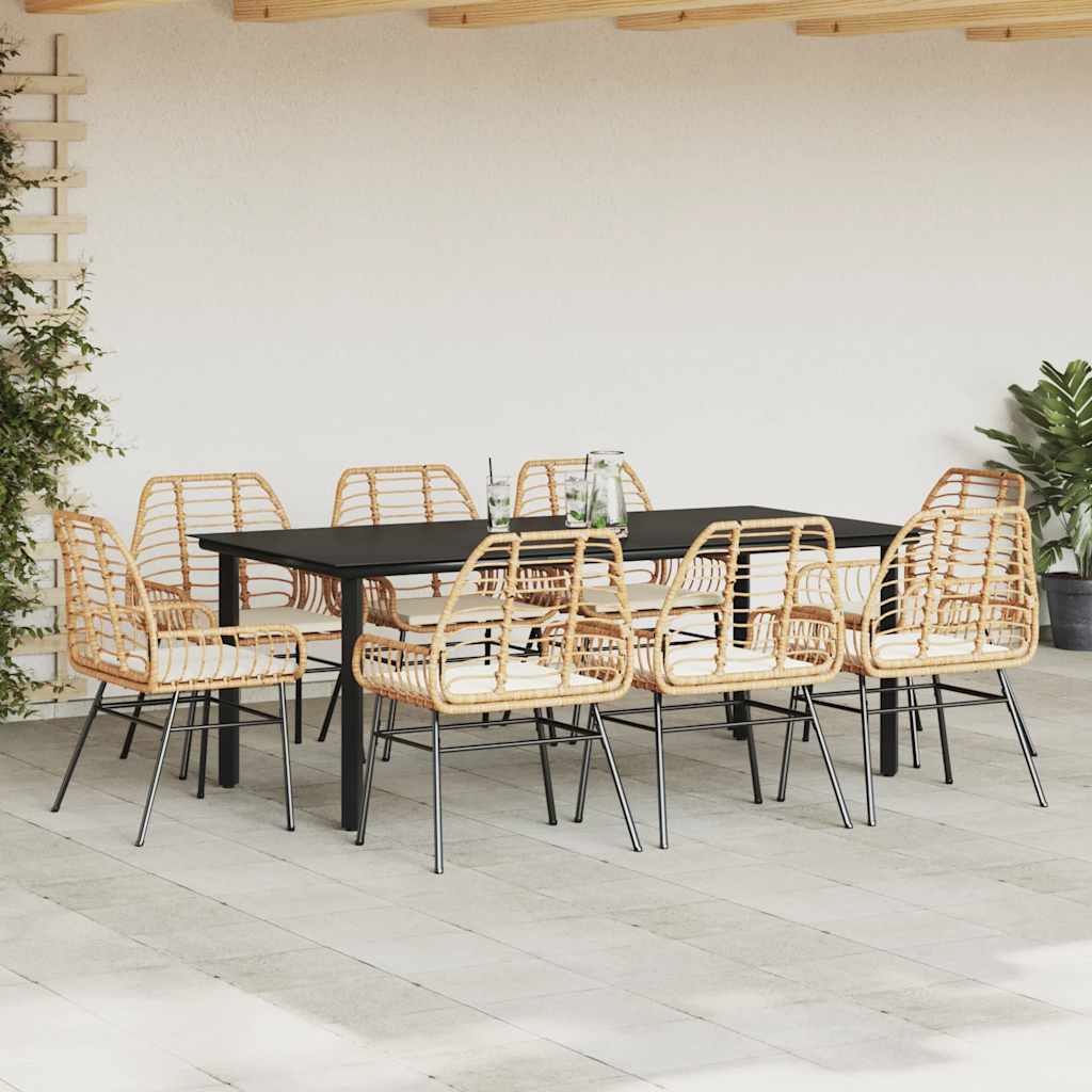 9 dele spisebordssæt til haven m. hynder polyrattan glas brun