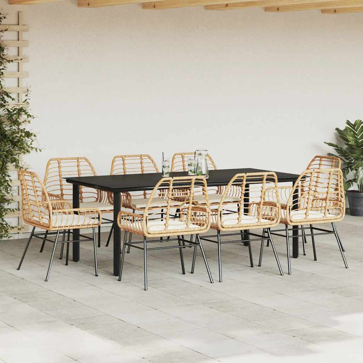 9 dele spisebordssæt til haven m. hynder polyrattan glas brun
