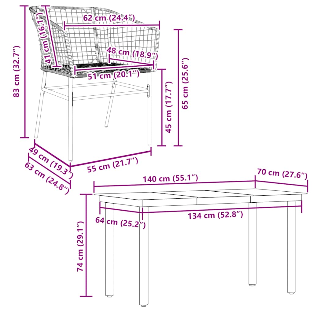 5 dele spisebordssæt til haven polyrattan glas sort