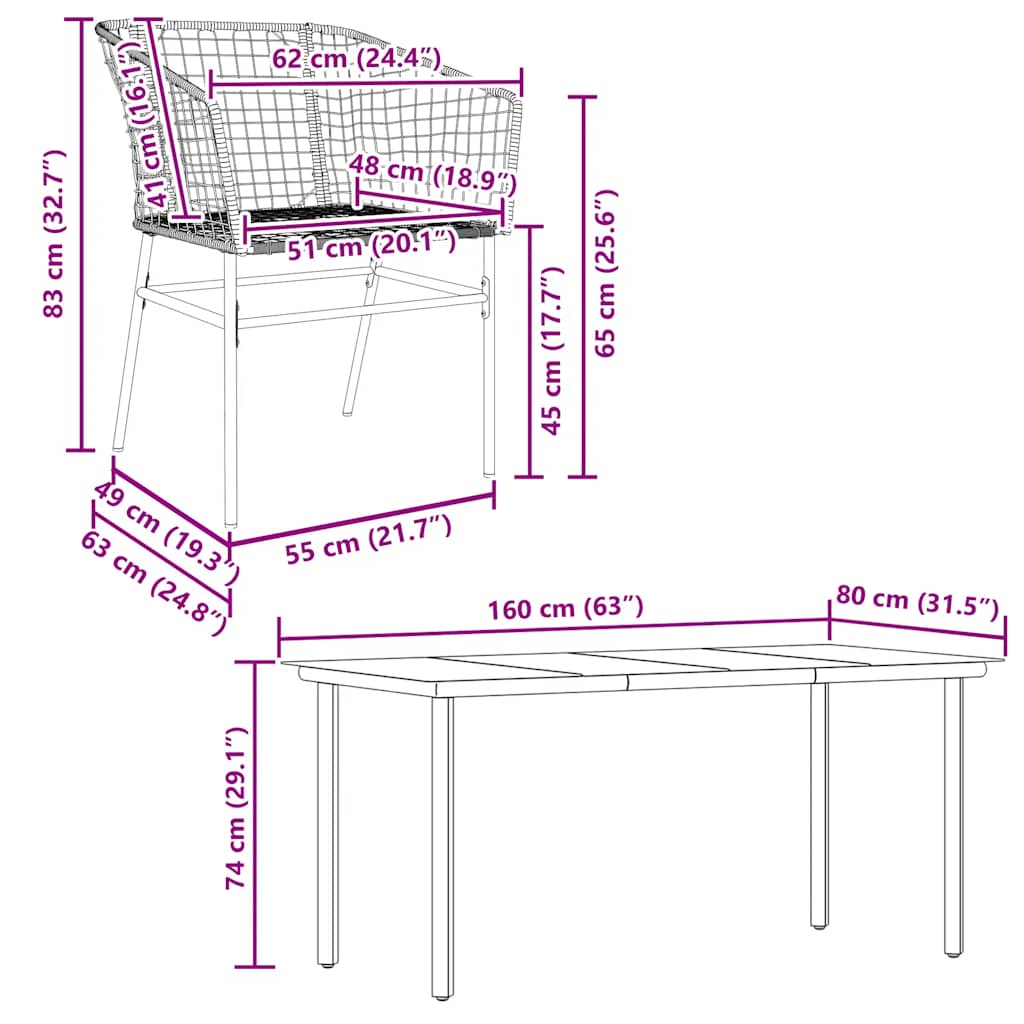 5 dele spisebordssæt til haven polyrattan glas sort