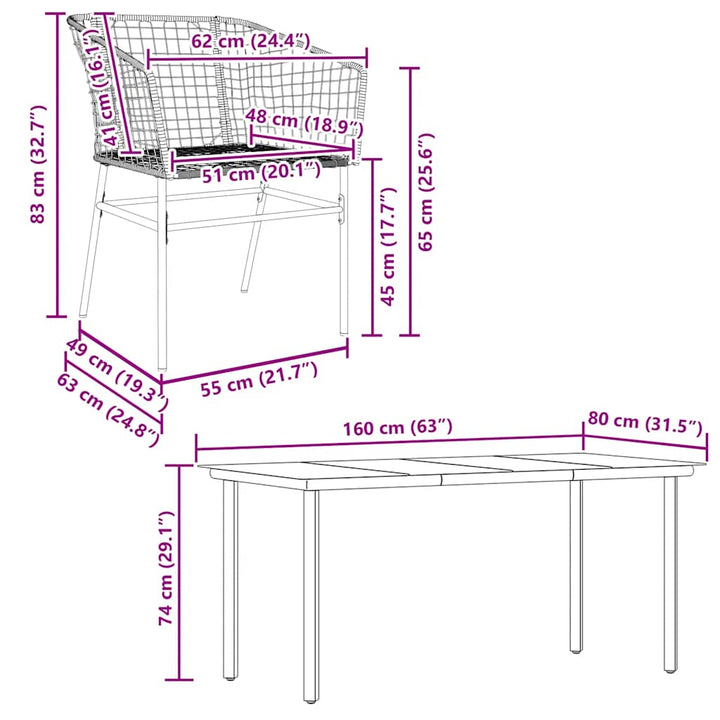 5 dele spisebordssæt til haven polyrattan glas sort