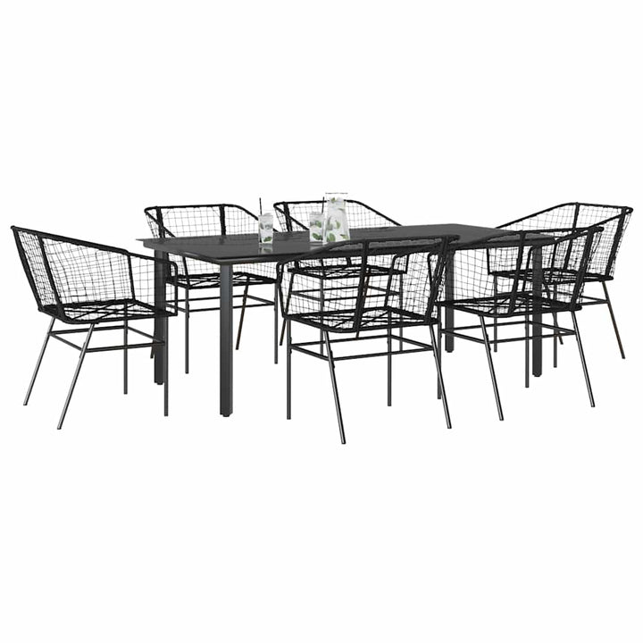 7 dele spisebordssæt til haven polyrattan glas sort