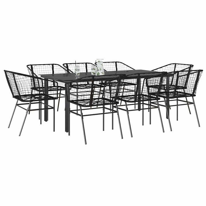 9 dele spisebordssæt til haven polyrattan glas sort