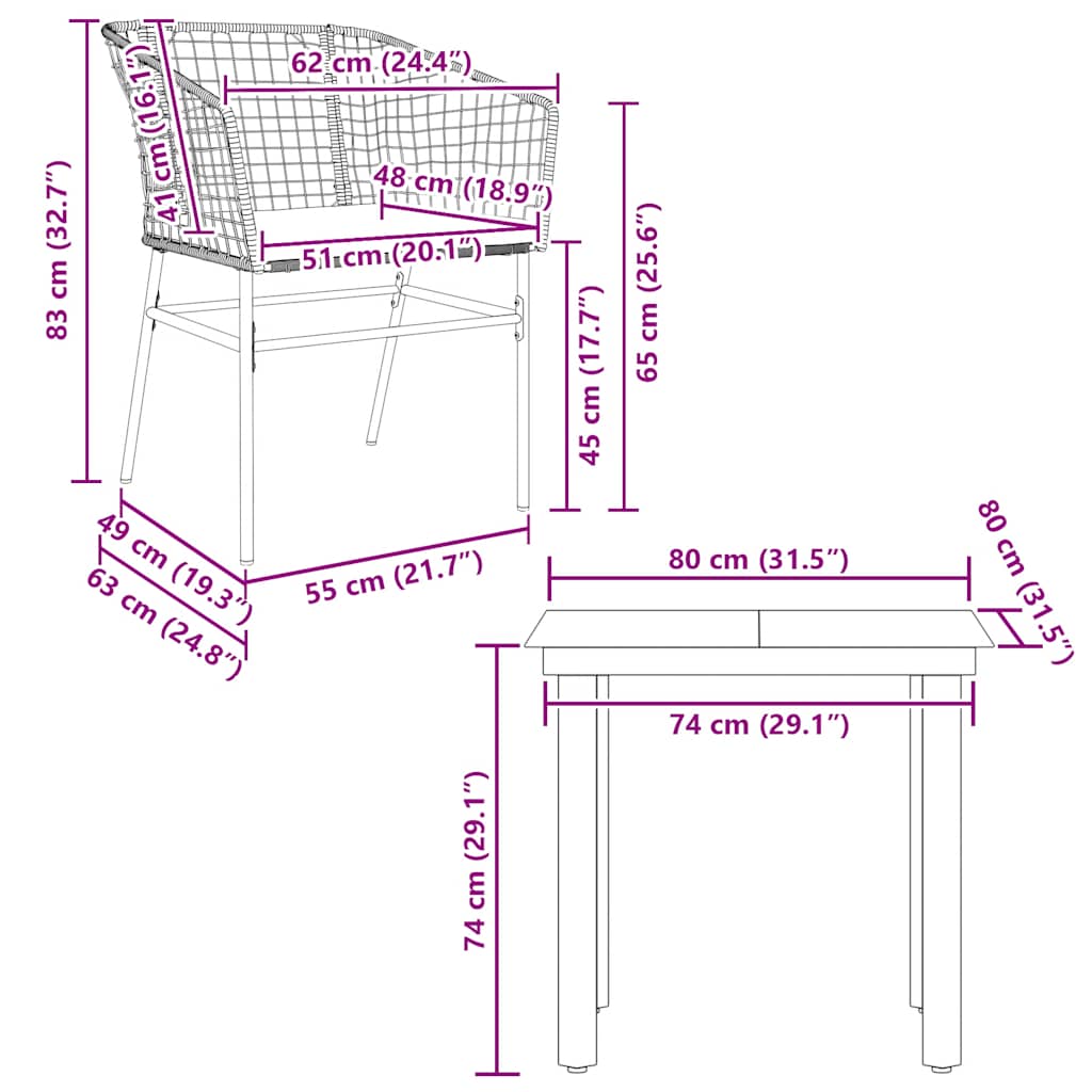 3 dele spisebordssæt til haven m. hynder polyrattan glas sort