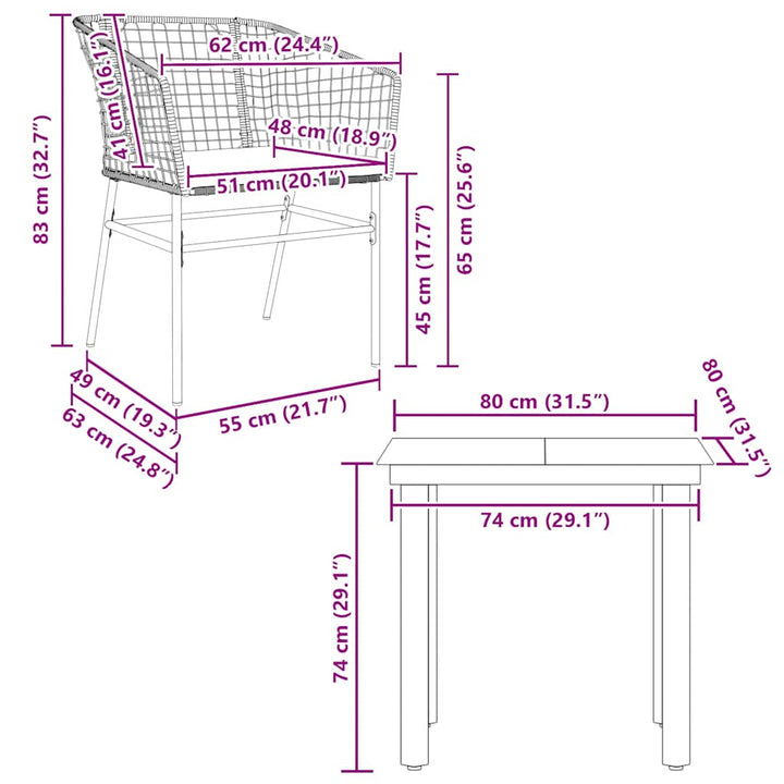 3 dele spisebordssæt til haven m. hynder polyrattan glas sort