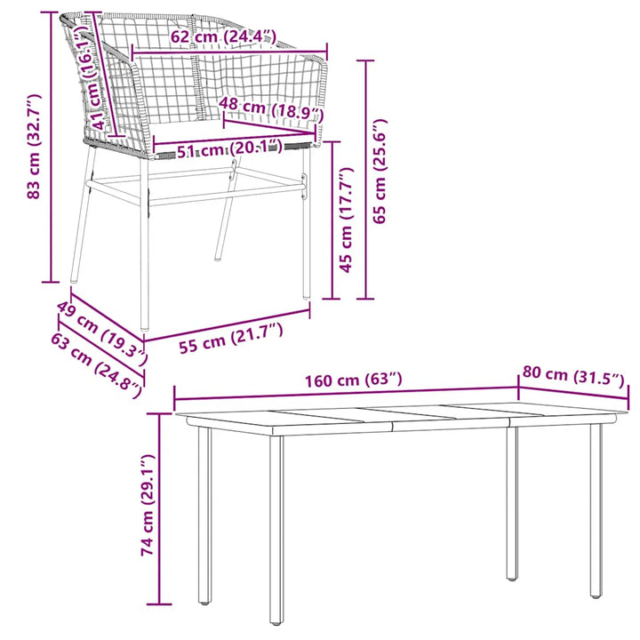 5 dele spisebordssæt til haven m. hynder polyrattan glas sort