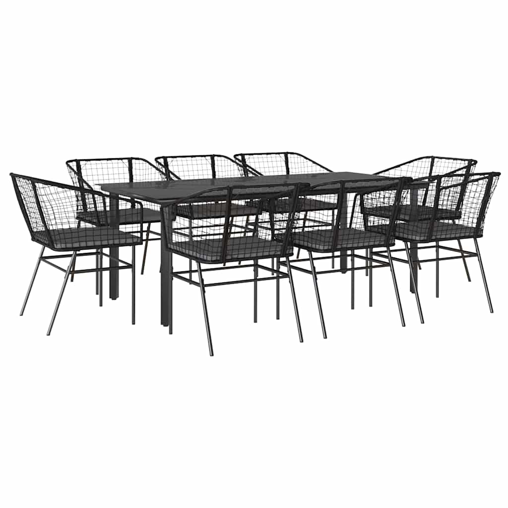 9 dele spisebordssæt til haven m. hynder polyrattan glas sort