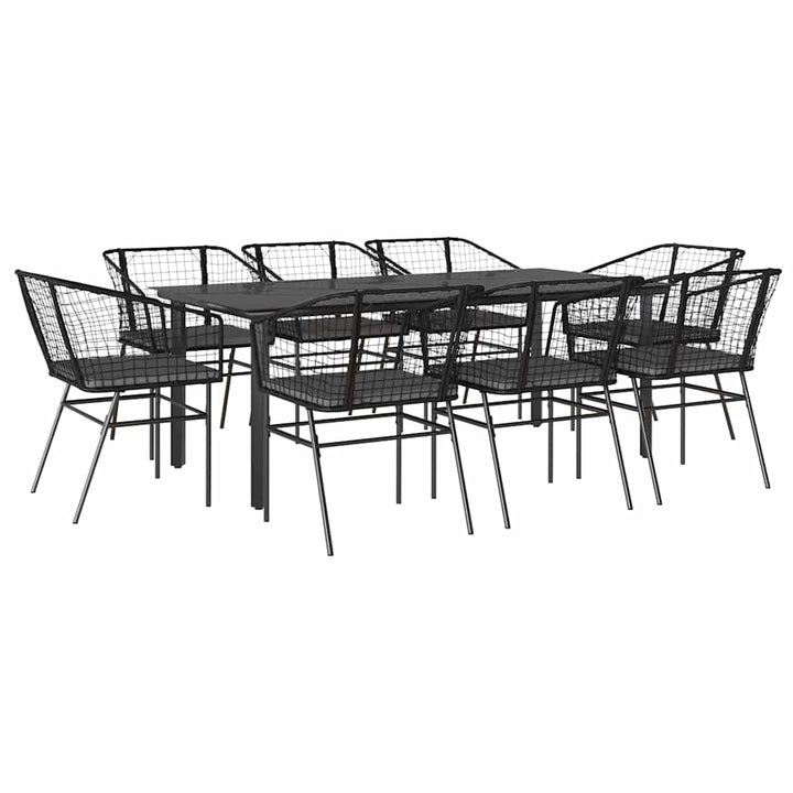9 dele spisebordssæt til haven m. hynder polyrattan glas sort