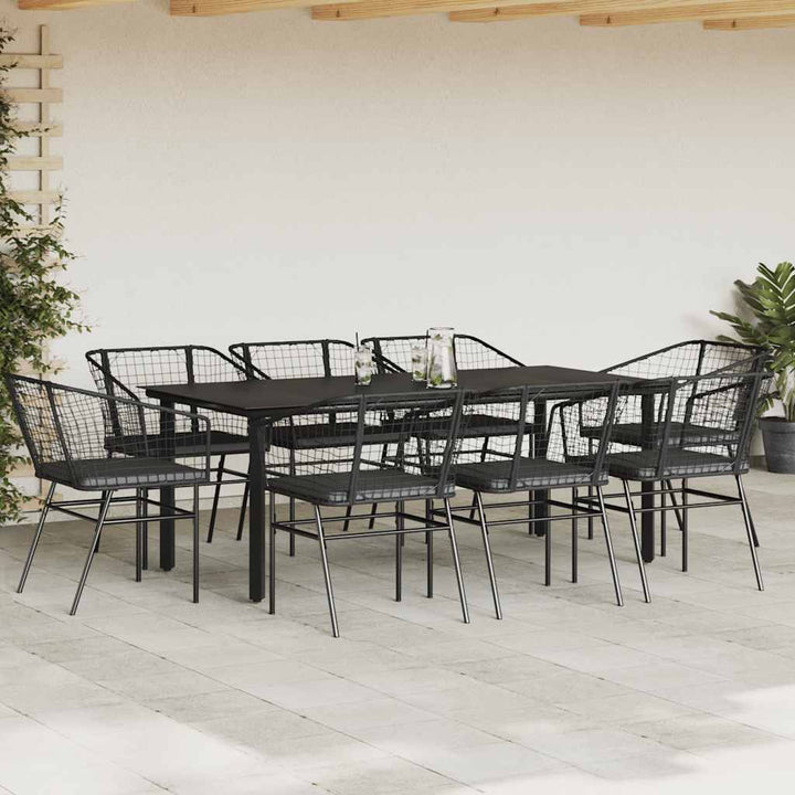 9 dele spisebordssæt til haven m. hynder polyrattan glas sort